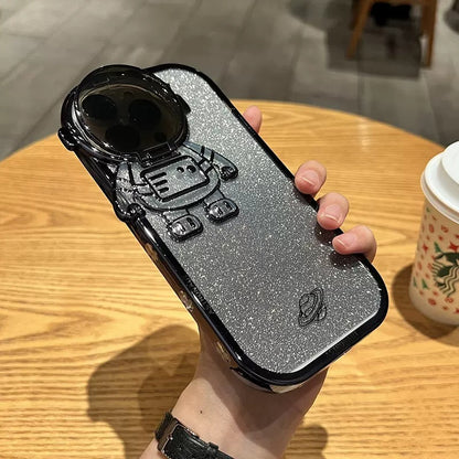 Калъф за телефон с бляскава стойка за камера за астронавт за IPhone 14 13 12 11 Pro Max XR 14 Plus Невидима скоба за обектив, меко покритие