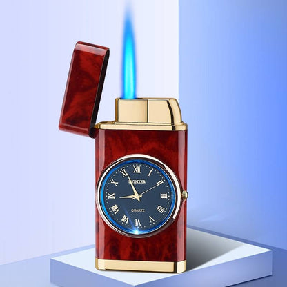 Нова запалка с електрически часовник с кобилица с автоматично запалване Прав син пламък Запалка Творчески истински циферблат Надуваема ветроустойчива запалка Мъжки часовник подарък