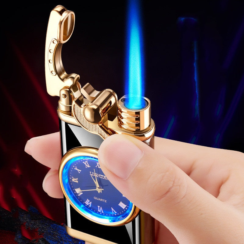 New Lighter With Electric Watch Rocker Arm Automatic Ignition Straight Blue Flame Lighter Creative Real Dial Inflatable Windproof Lighter Men's Watch Gift